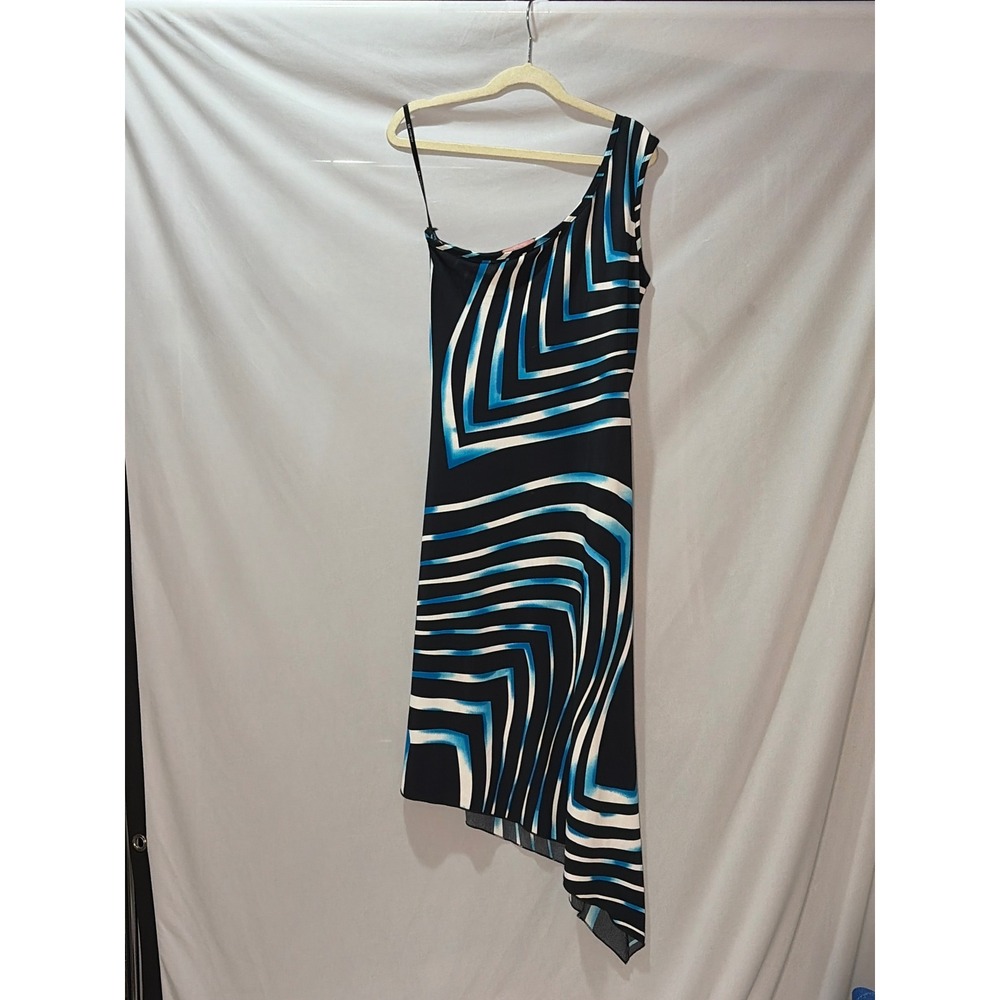 XXI Forever One Shoulder Asymmetrical Midi Dress Blue Black Abstract Print D1209